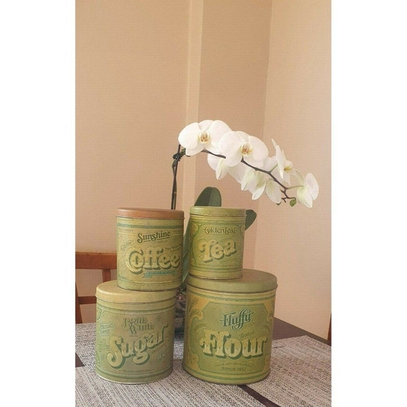 4 Pc Vintage Fluffy Brite White Sunshine Golden Leaf Tins Flour Sugar Coffee Tea - Picture 2 of 6